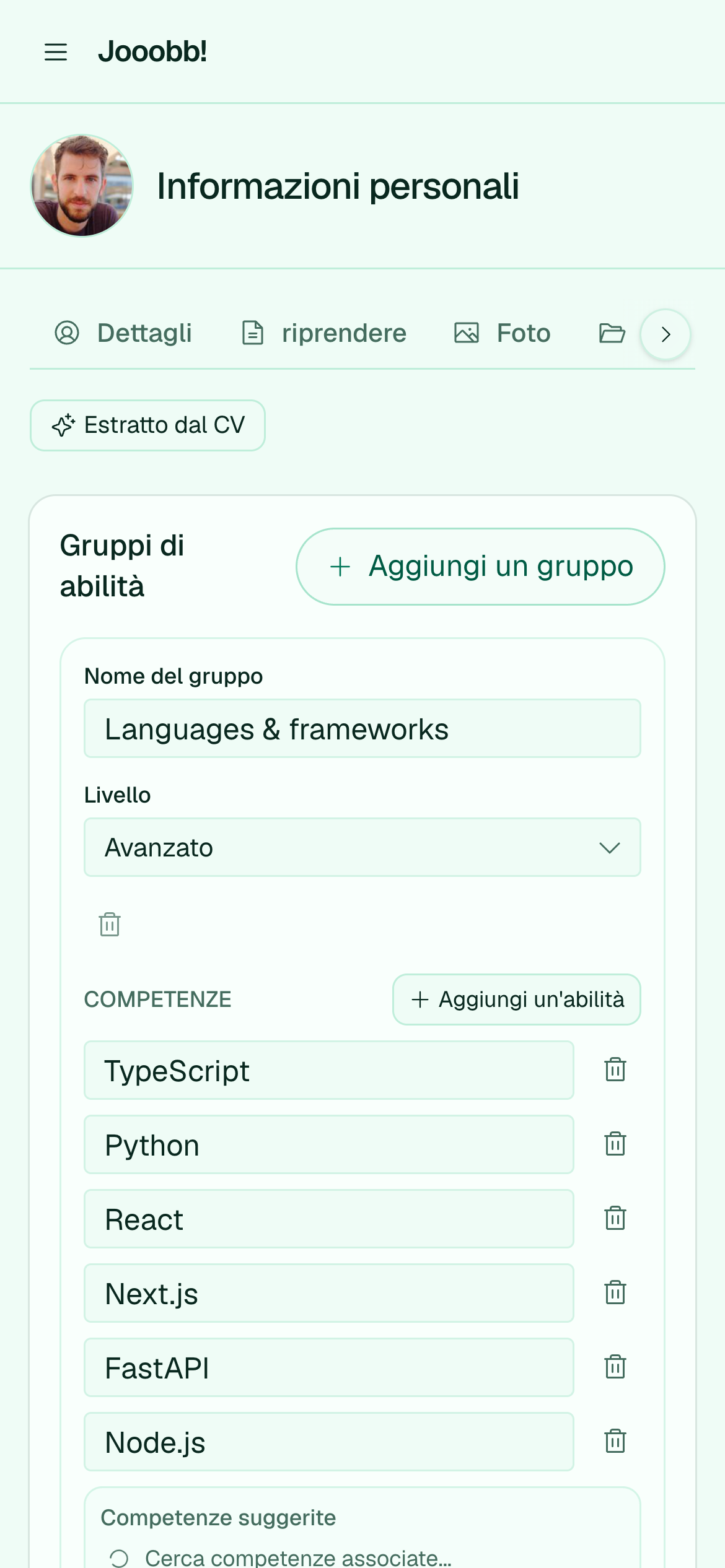 Set di competenze nella pagina dati personali