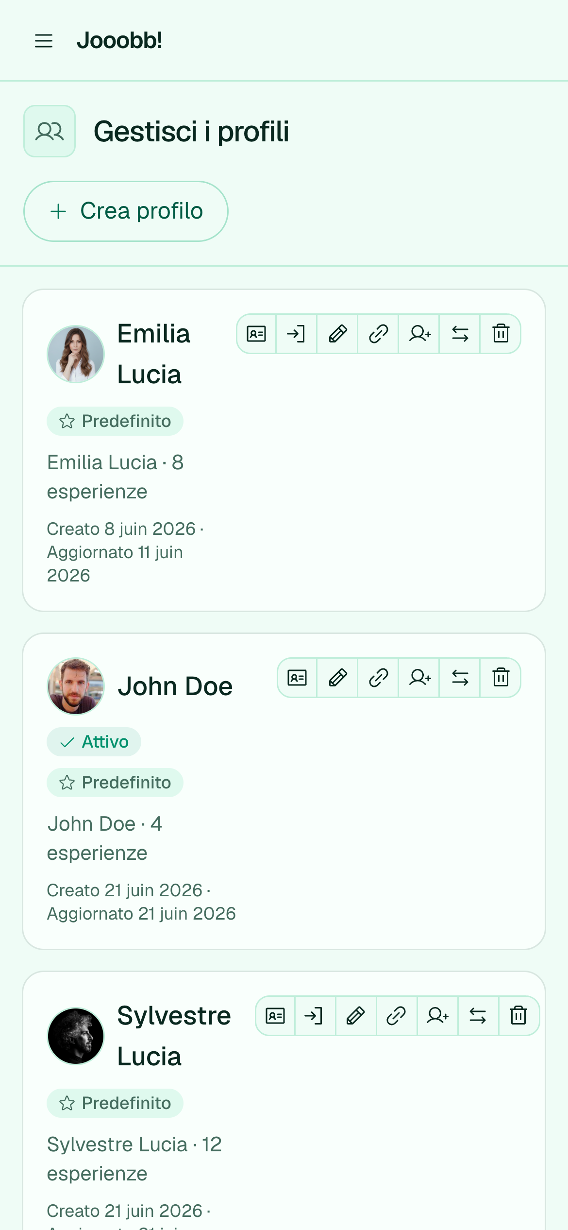 Pagina gestione profili e selettore profilo