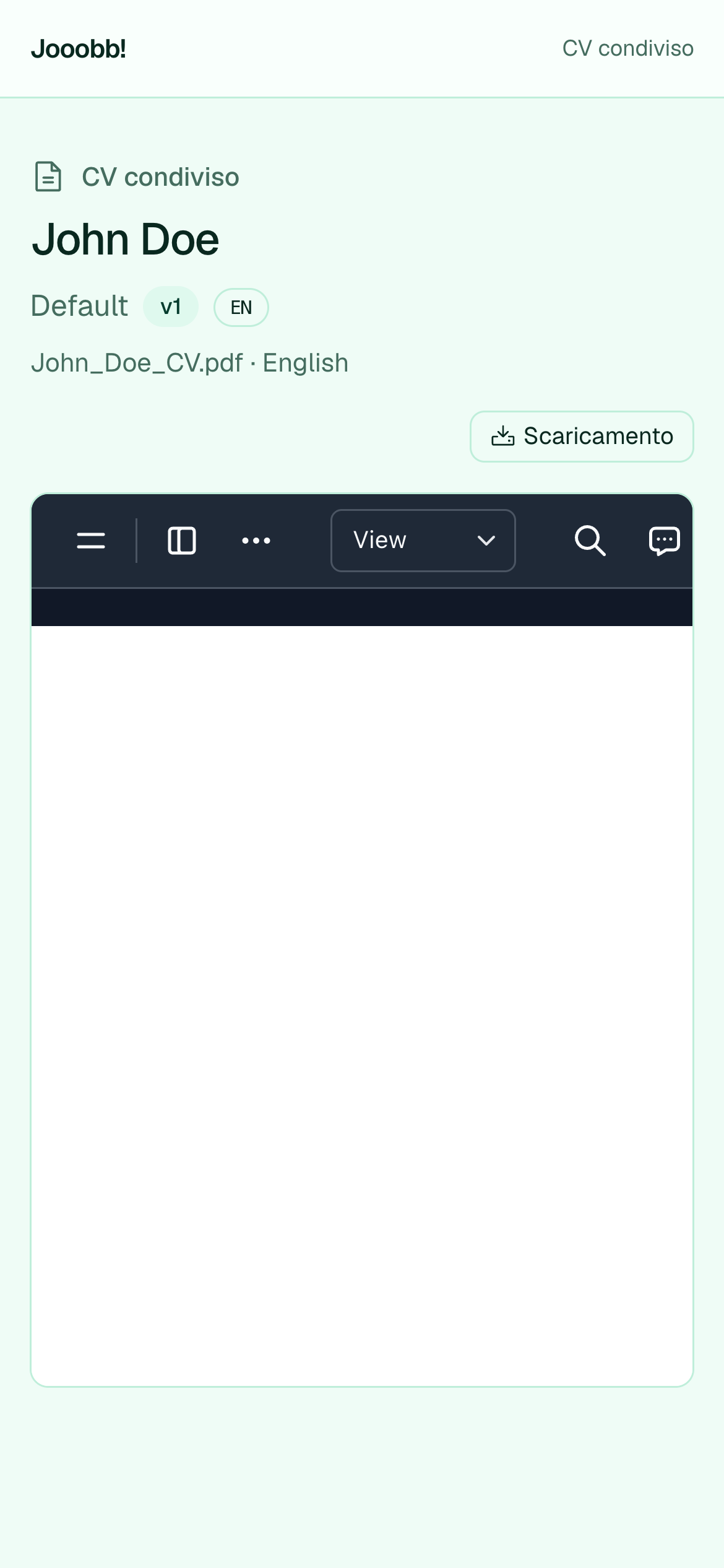 Pagina condivisione CV PDF pubblico con anteprima e download