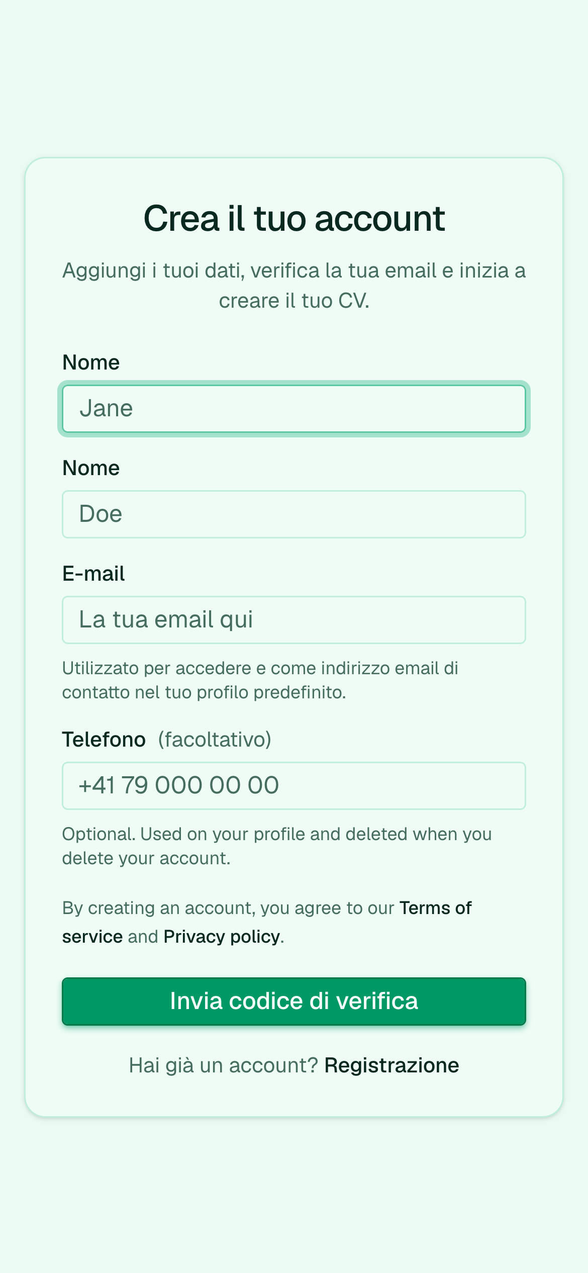 Pagina registrazione con verifica email