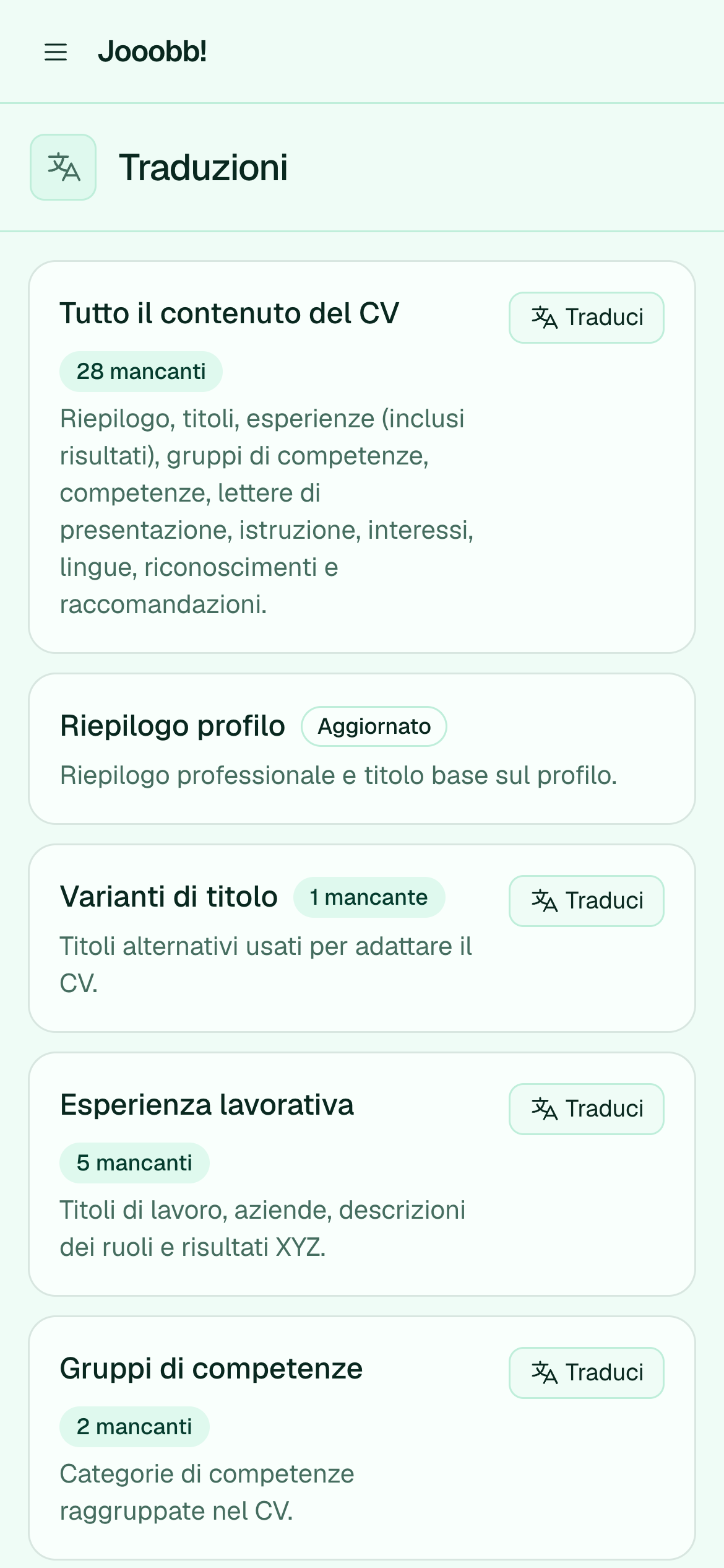 Pagina traduzioni con scope e progresso per locale