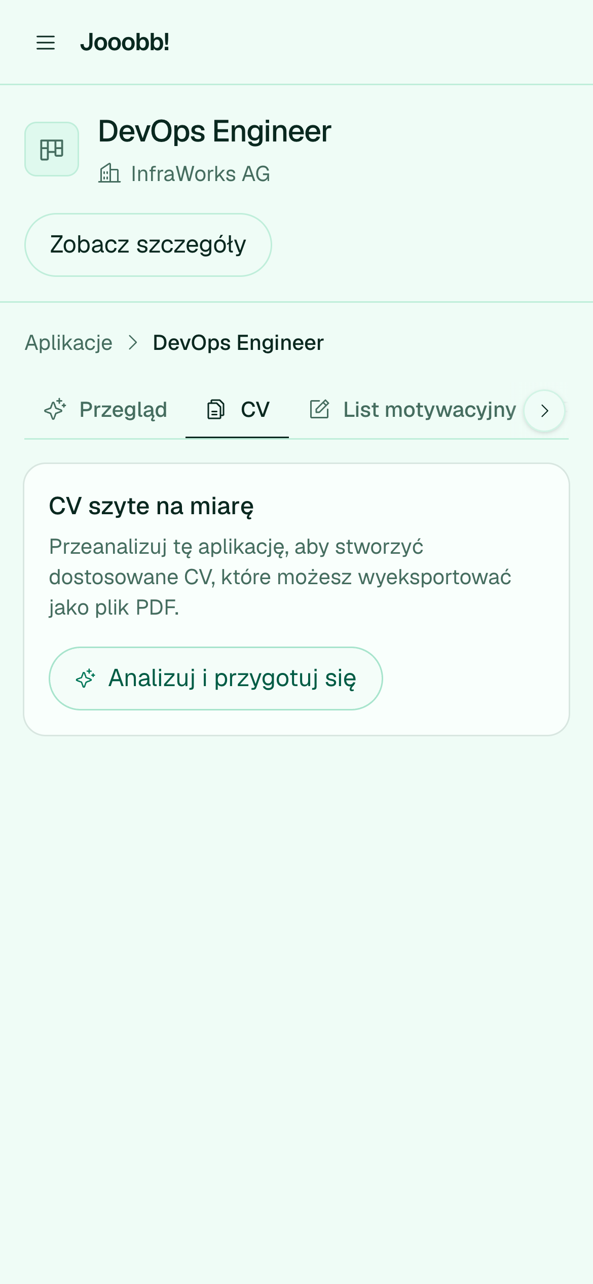 Zakładka CV aplikacji