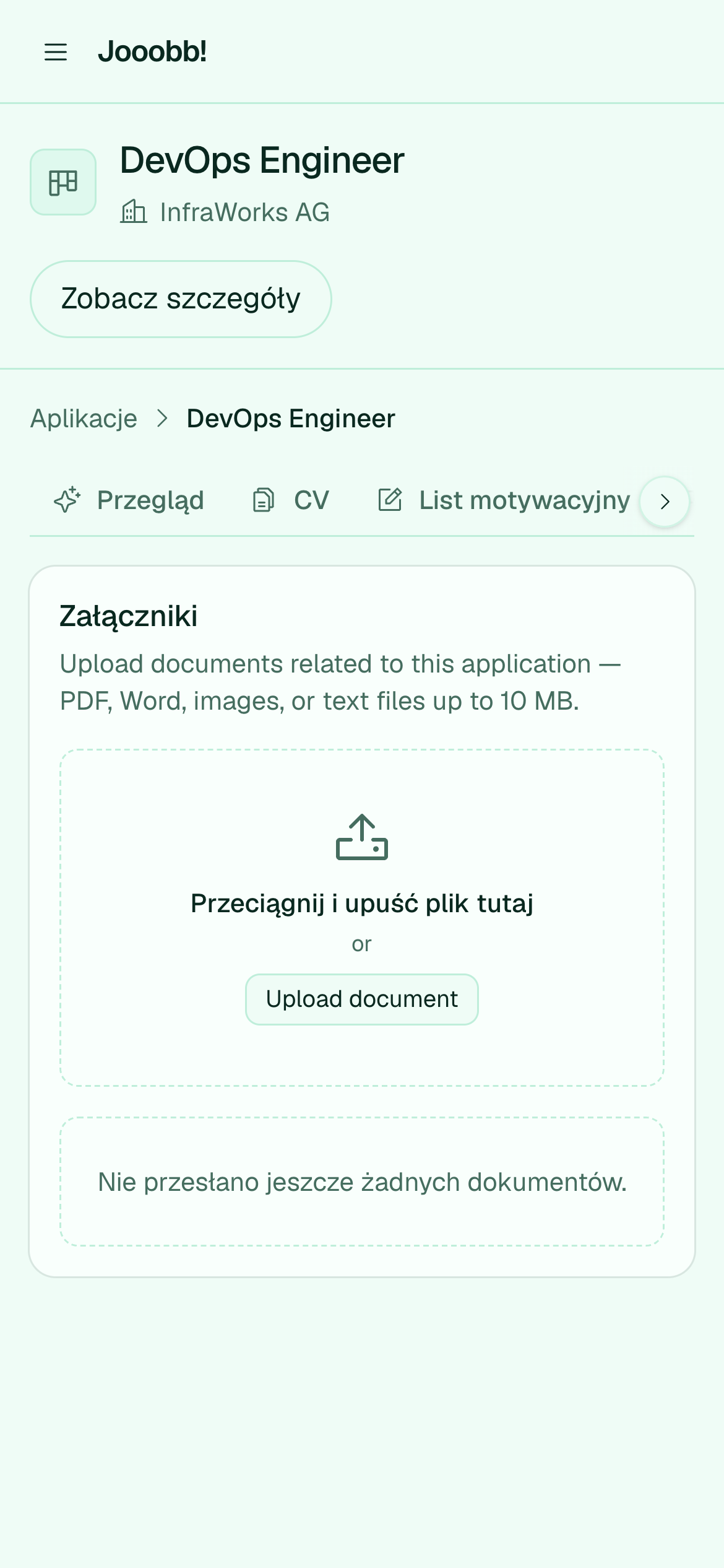 Zakładka dokumentów z analizą AI w aplikacji