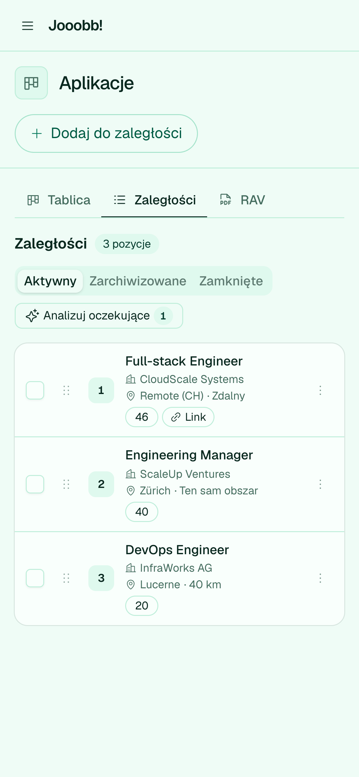 Aktywny backlog nadchodzących aplikacji