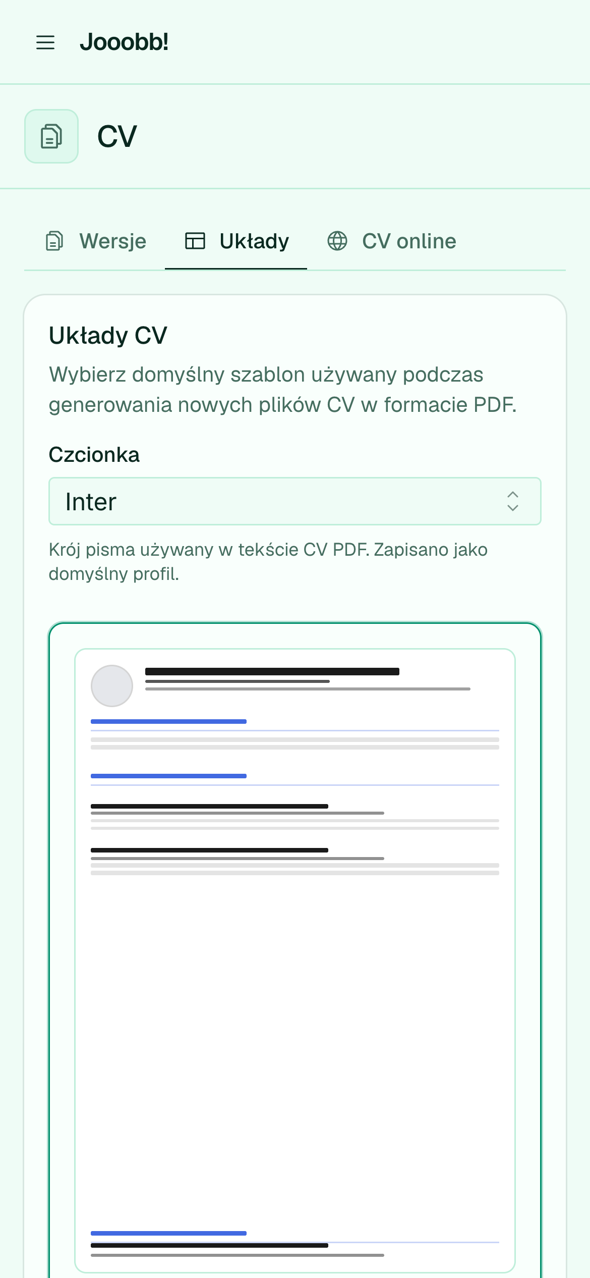 Dostępne szablony layoutu CV