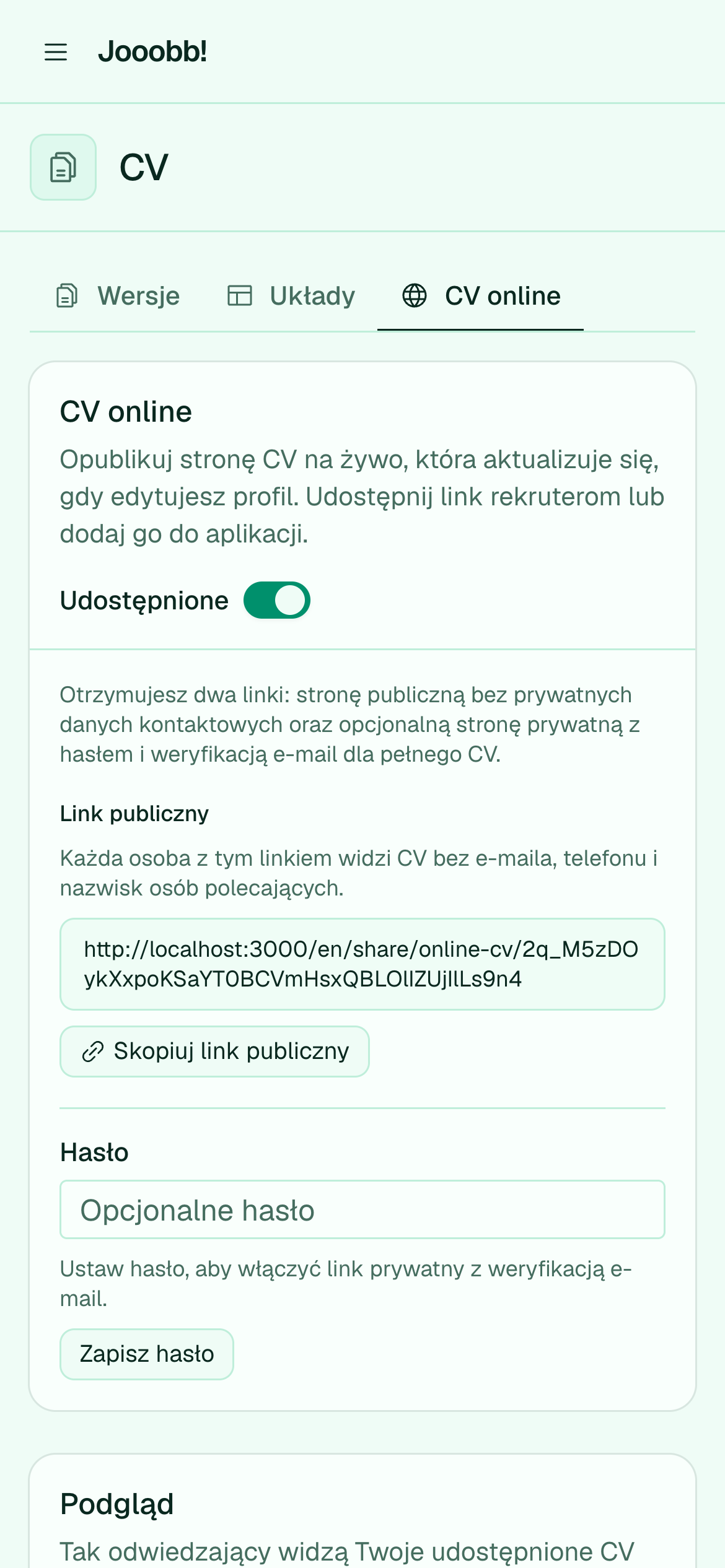 Ustawienia CV online i linki podglądu