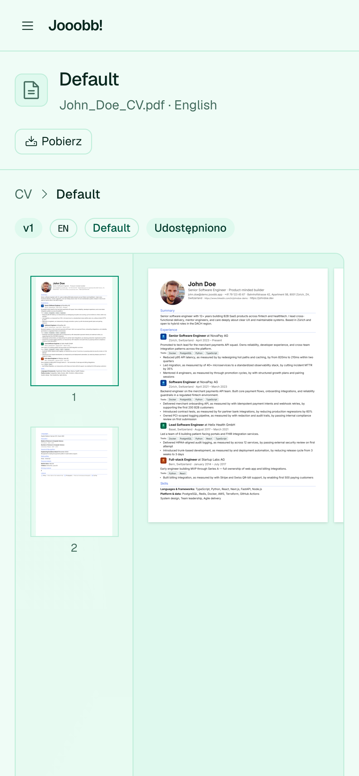 Podgląd zapisanej wersji CV