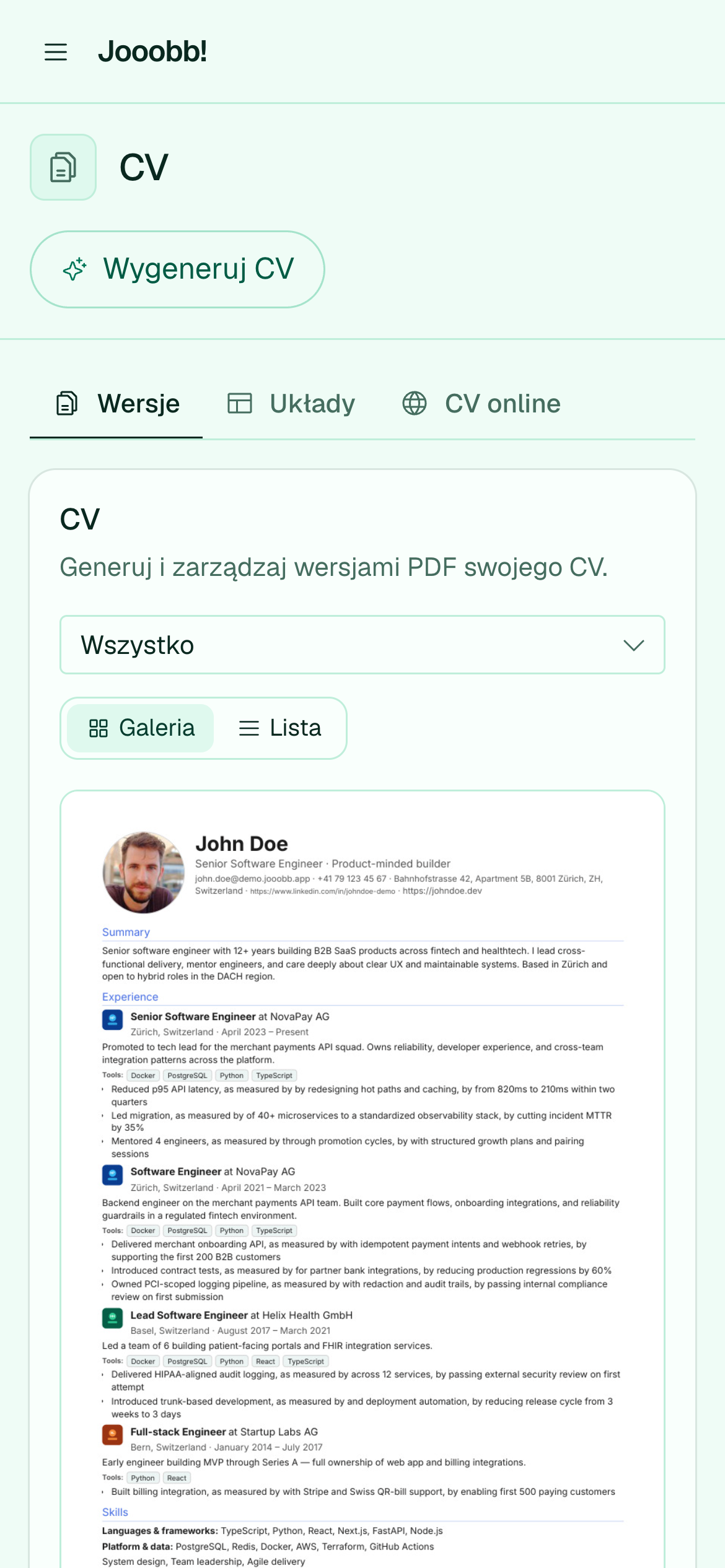 Zapisane wygenerowane wersje CV