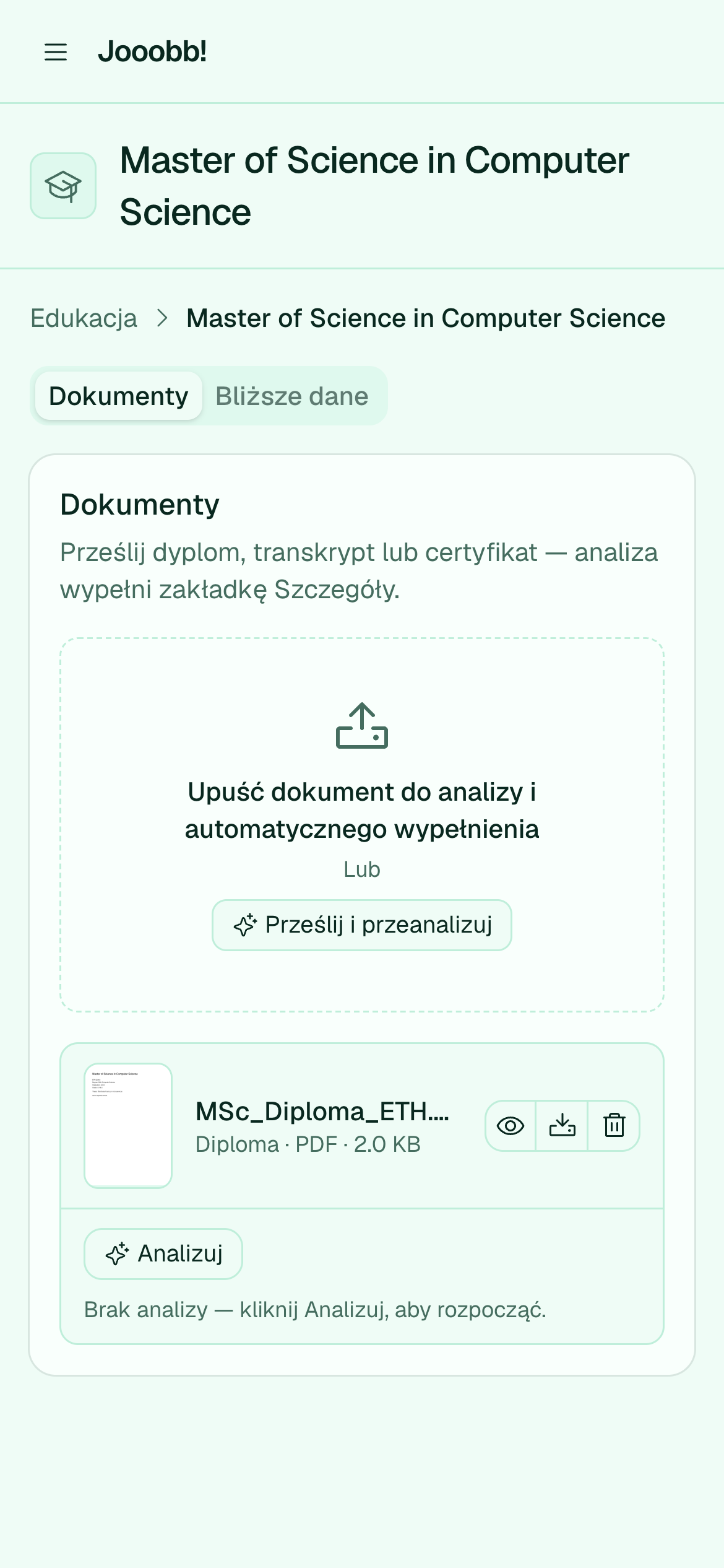 Edytor wpisu edukacji ze szczegółami i dokumentami