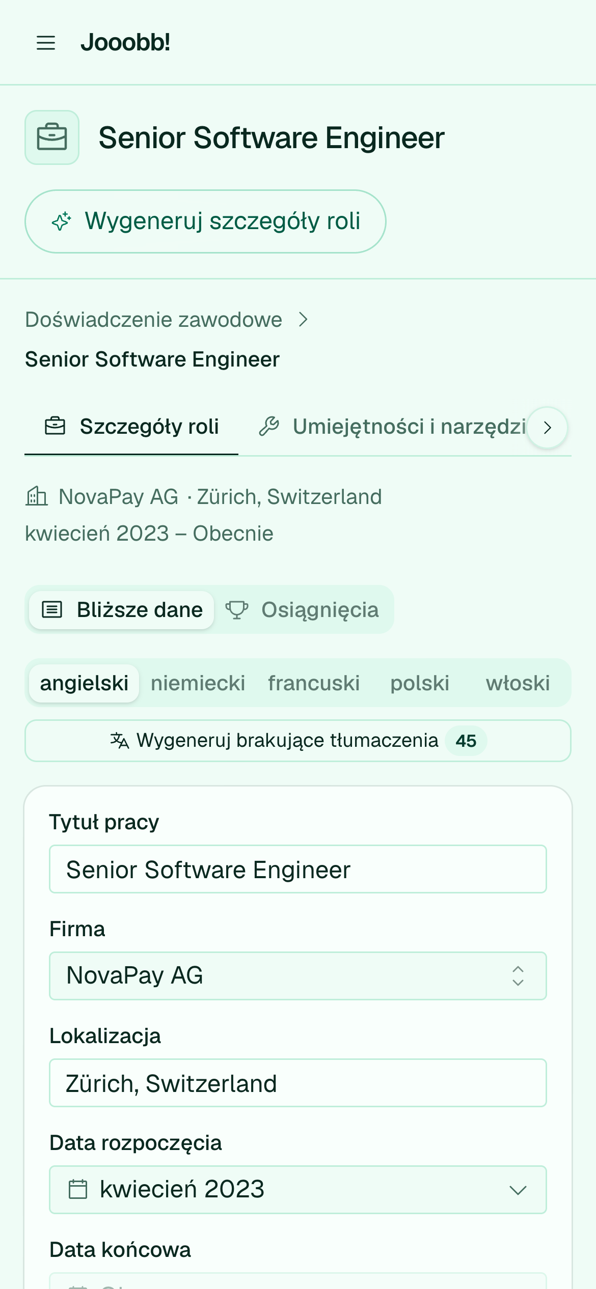 Edycja szczegółów roli w doświadczeniu zawodowym