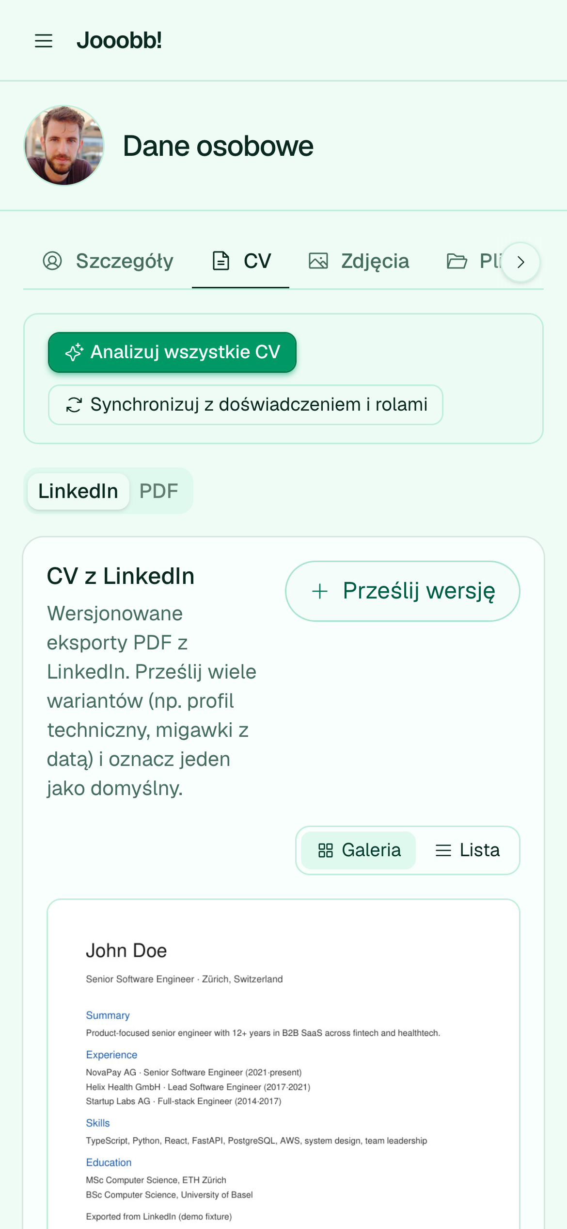 Import CV LinkedIn i analiza publicznych linków w zakładce CV profilu