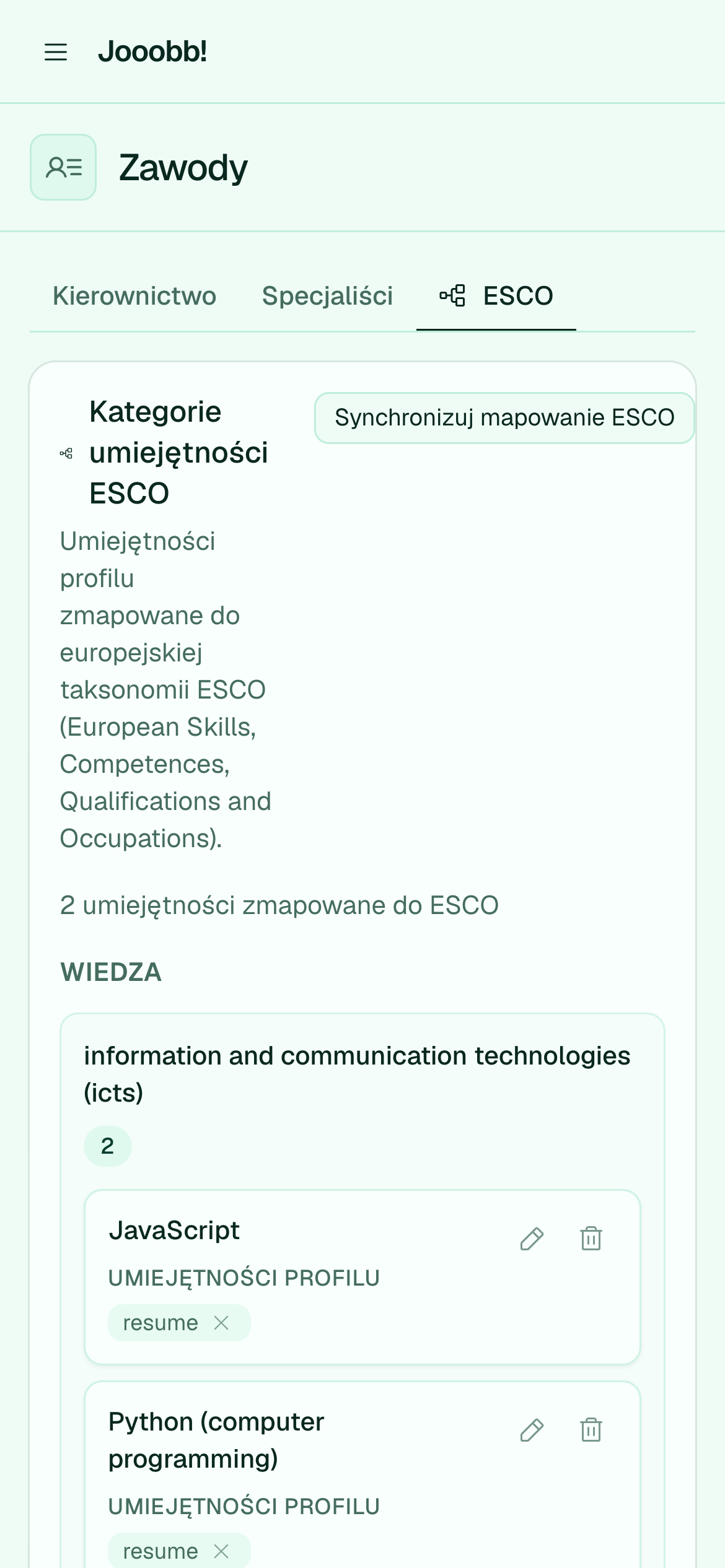 Wyszukiwanie i przypisywanie zawodów ESCO