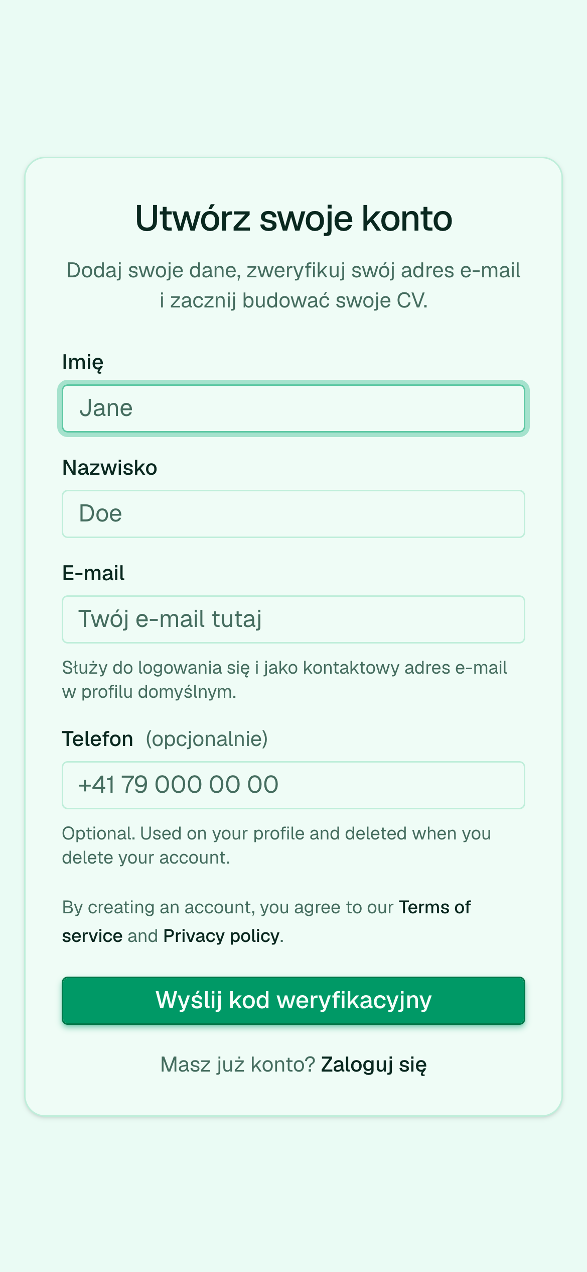 Strona rejestracji z weryfikacją e-mail